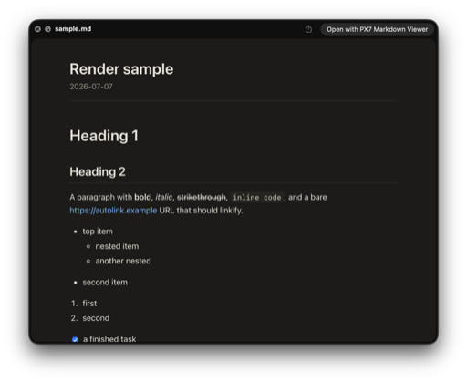 Finder Quick Look rendering a Markdown file with headings, links, lists and code